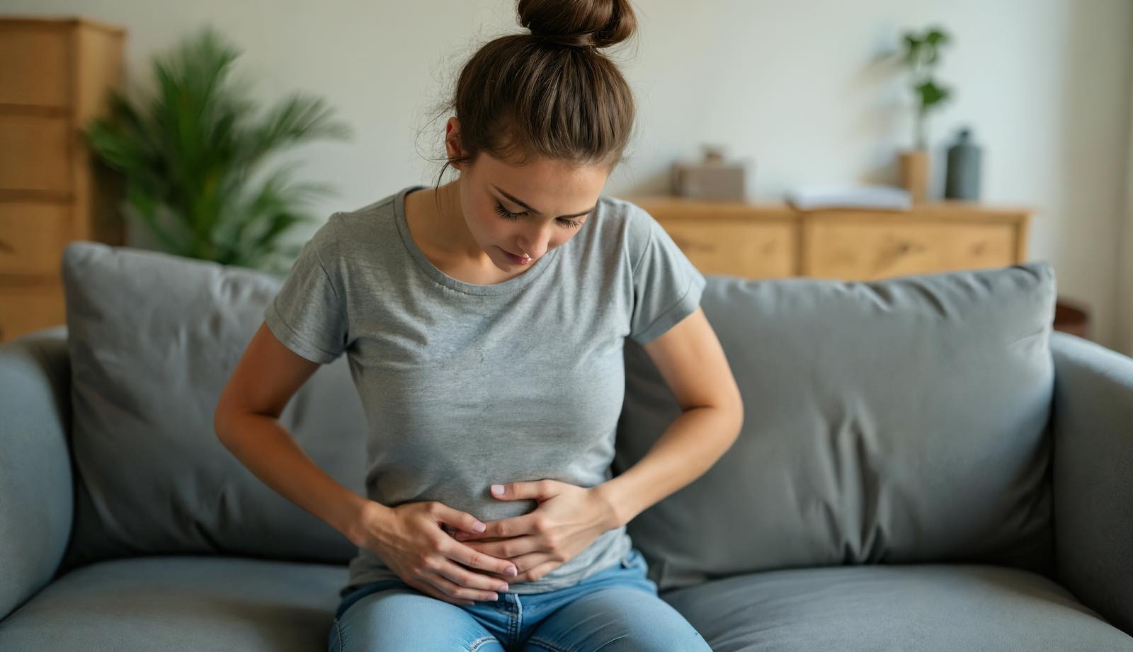 Ragazza con disturbi gastrici mal di pancia